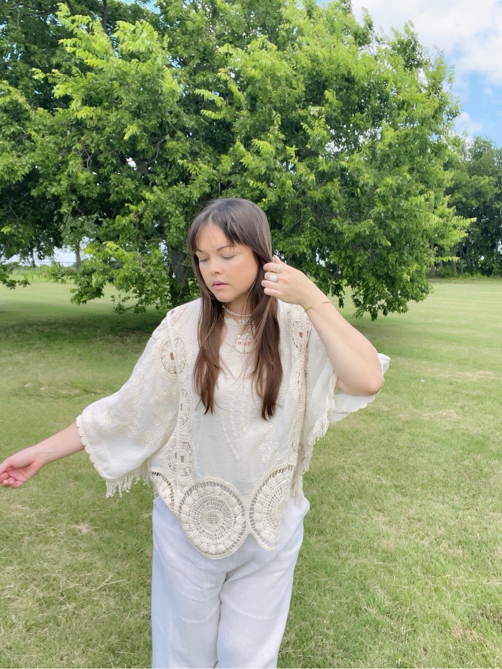 POL Cream Crochet & Embroidered Boho Blouse